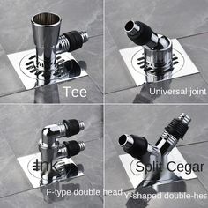 four shots of different types of fountain spigot on the floor with text below