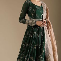 Bottle Green Anarkali Suit In Silk With Zari And Sequins Embroidered Floral Jaal And A Beige Organza Dupatta. Only Tried On, New With Tags! Us Size 18 Chest: 44 Inches Bottle Green Anarkali, Green Anarkali Dress, Green Anarkali Suits, Pakistani Frocks, Green Anarkali, Desi Dress, Fancy Fits, Hindi Words, Pakistani Designer Suits