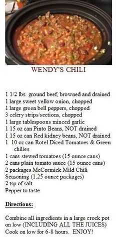 the recipe for wendy's chili is shown in an image with instructions to make it