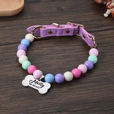 a dog is wearing a purple collar with a bone charm