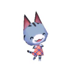 an animal crossing character is smiling and wearing a plaid dress, with her eyes closed