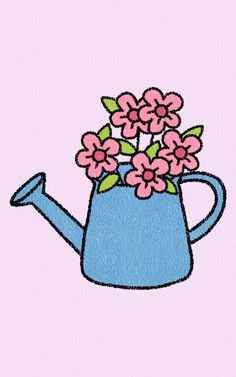 a blue watering can with pink flowers in it on a light pink backgroud