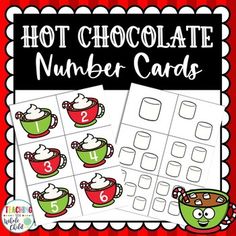 hot chocolate number cards with coffee cups and candy canes on them, in front of a red background