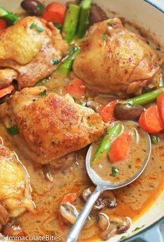 chicken and vegetable stew with a spoon in it