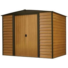 a wooden storage shed with the door open