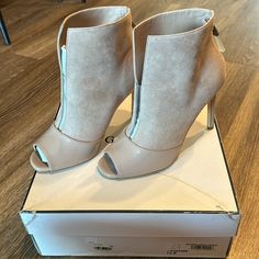 New In Box Excellent Condition Nude Multi Fabric Beige Synthetic Ankle Boot Heels, Ankle-high Beige Suede Heels, Beige Ankle-high Synthetic Heels, Beige Open Toe Boots Medium Width, Beige Open Toe Suede Boots, Platform Boots Women, Guess Heels, Cutout Heels, Tan Booties