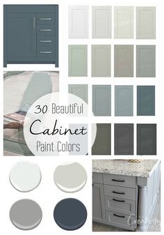 an image of kitchen cabinets painted in gray and white with the words 30 beautiful cabinet paint colors