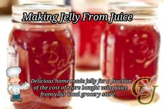 two jars filled with liquid sitting on top of a table next to each other and the words making jelly from juice