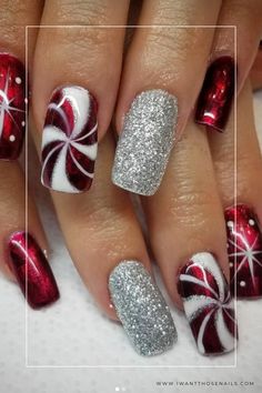 Peppermint Swirl Nails Nail Designs Green Christmas, Acrylic Christmas Nails Holiday, Christmas Cat Eye Nail Art, Red Winter Nails Short, Holiday Pedicure Toenails, Red And Green Holiday Nails, Red White And Green Christmas Nails, Christmas Nail Designs Red And Green, Peppermint Nail Art