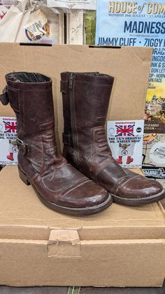 These are a mens Brown Leather Biker style boot. They are a boot that has been designed by Judy Rothschild. They have straps that go around both the top and mid section of both feet  They have side zips ,which guarantee ease of use. They have been used,but are still in a fantastic condition. The soles have been replaced. They are a UK size 9, European 43, USA mens 10 Style Boots, Mens Shoes Boots, Biker Style, Boots Men, Brown Leather, Shoes Mens, Men's Shoes, Shoe Boots, Bathing Beauties