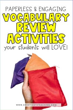 a hand holding an orange and purple bag with the words, paperless & engaging vocal library review activities your students will love