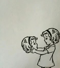 a drawing of a woman holding a child's head with one hand and the other