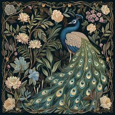 a painting of a peacock surrounded by flowers and leaves on a black background with gold trimmings