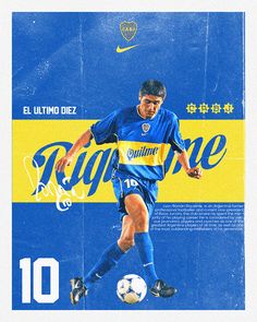 a man kicking a soccer ball on top of a blue and yellow field with the words imagine