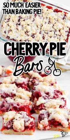 cherry pie bars with white icing and crumbs on top