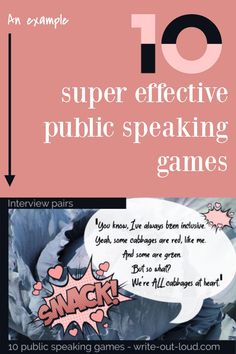 a pink poster with the words 10 super effective public speaking games written in black and white