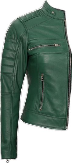 Green Winter Biker Jacket With Zipper, Winter Green Biker Jacket With Zipper Closure, Green Winter Biker Jacket With Zipper Closure, Green Biker Leather Jacket For Fall, Green Moto Leather Jacket With Long Sleeves, Trendy Green Biker Jacket With Zipper Closure, Fitted Green Leather Jacket With Long Sleeves, Fitted Green Leather Jacket With Zipper, Fitted Green Leather Jacket With Zipper Closure