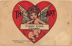 an old valentine's day card with a cupid angel holding a banner in the shape of a heart