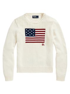 "Find RALPH LAUREN Flag Cotton Crewneck Sweater on Editorialist. Polo Ralph Lauren's iconic intarsia flag sweater is crafted of roving cotton. A classic crewneck and monogram lettering define the look. Crewneck Long sleeves Pulls over 100% cotton Machine wash Made in USA SIZE & FIT About 22.75\" from shoulder to hem Model measurements: 5'10\" tall Model is wearing a US size Small This brand fits slightly larger. Consider ordering a size down. Polo Ralph Lauren. Color: Navy. Size: XL." Annie Bing, Flag Sweater, Ralph Lauren Pullover, Polo Ralph Lauren Sweater, Polo Ralph Lauren Women, Ralph Lauren Women, Cream Beige, Cream Sweater, Ralph Lauren Sweater