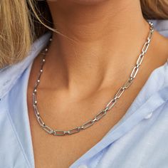 PRODUCT DETAILS Water resistant 💧 Brass White Rhodium Gold Filled Chain Hypoallergenic Nickel Free Size:16'' in length + 3" Extender - 5mm width. DESIGNER NOTE A minimalist masterpiece that blends contemporary design with timeless elegance. STYLE TIP: Elevate your everyday look by pairing this chain with other delicate chains of varying lengths, allowing you to achieve a trendy and personalized layering style. Modern Silver Chain Necklace With Adjustable Chain, Modern Chain Necklace With Rectangular Links, Modern Sterling Silver Paperclip Chain Necklace, Modern Everyday Paperclip Chain Necklace, Modern Silver Chain Necklace For Everyday, Modern Silver Necklace With Rectangular Links, Modern Paperclip Box Chain Necklace, Modern Metal Chain Necklace With Cable Chain, Modern Silver Paperclip Chain Jewelry