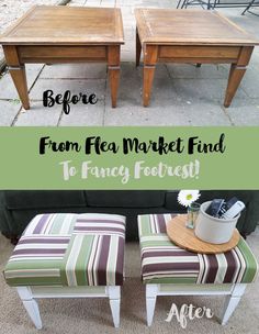 the before and after pictures of a coffee table with matching foot stools on it