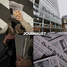 the collage shows newspapers and people in front of an office building, with text that reads journalist