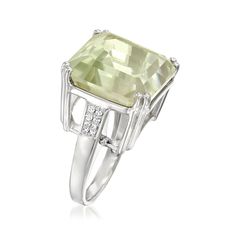 Ross-Simons - 16.00ct Prasiolite, .19ct t. w. Diamond Ring Princess Cut in Silver. Size 9. Make a statement with this vibrant ring! A stunning 16.00 carat prasiolite square is highlighted by .19 ct. t. w. diamonds in polished sterling silver. 3/4" wide. Diamond and prasiolite ring. Elegant Green Amethyst Ring In Sterling Silver, Formal Green Amethyst Ring With Gemstone Accents, Elegant Green Amethyst Ring With Accent Stones, Elegant Green Amethyst Ring For Formal Occasions, Formal White Gold Rings With Gemstone Accents, Modern Formal Rings With Gemstone Accents, Formal Green Amethyst Ring With Prong Setting, Formal Green Amethyst Rings With Accent Stones, Luxury Green Amethyst Rings With Accent Stones