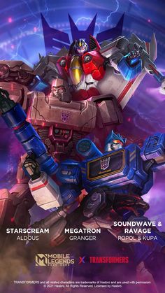 an advertisement for the upcoming mobile game, starscream megatron and other characters