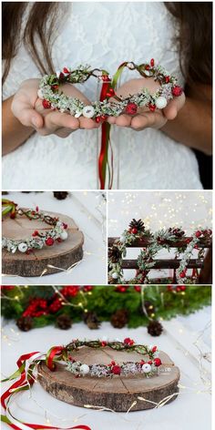 christmas wreaths made out of wood are being held by hands