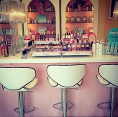 Makeup Lovers Unite! White Bar Stools, Benefit Makeup, Makeup Salon, Mini Makeup