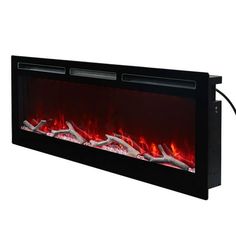 an electric fireplace with red flames on the side and black frame, in front of a white background