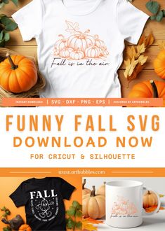 the fall svg bundle is shown with pumpkins, leaves and mugs on it