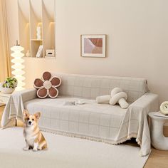 a corgi dog sitting on the floor in front of a white couch and chair