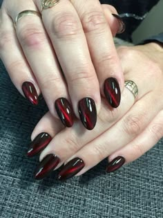 Red Vampy Nails, Persephone Inspired Nails, Goth Cat Eye Nails, Vampiric Nails, Black Nails Red Gems, Red N Black Nails, Vampire Nails Aesthetic, Red Cat Eye Nails Design, Easter Nail Ideas