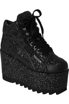 Killstar Clothing, Glitter Fashion, Platform Trainers, 90s Vibes, Unique Shoes, Hot Shoes, Comfy Shoes, Black Glitter