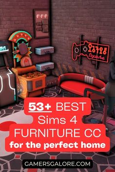 a living room filled with furniture next to a red brick wall and a neon sign that says, best sims 4 furniture co for the perfect home