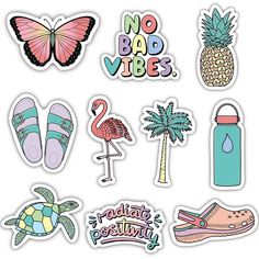 some stickers that say no bad vibes and have different types of shoes, palm trees