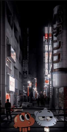 two cartoon characters standing in the middle of a city at night