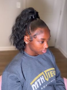 Sleek High Ponytail Short Hair, Two Braids Going Into A Ponytail, Quick Braid Ponytail, Braid Into Ponytail Hairstyles, Poofy Ponytail Hairstyles, High Ponytail With Two Strands Out, 2 Braids Into High Ponytail, Curly Ponytail With Braid, High Ponytail Hairstyles For Black Women Weave Curly