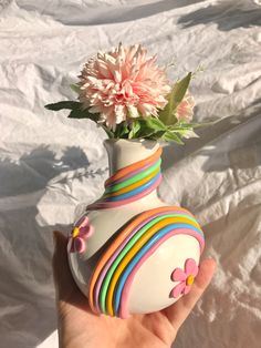 "5\" tall handmade decorated ceramic vase. Makes a colorful home accent for any boho or modern style home. Features rainbows, flowers, modern 3d dots, and sculptural details. | 5\" Tall Retro Eclectic Colorful Bud Vase, Cute Ceramic Vase, Rainbow Pot Planter,modern Ceramic Vase, Pastel Color Ceramics, Boho Home Decor" Air Clay Vase, Room Astethic, Clay Vase Ideas, Air Dry Clay Vase, Cute Ceramic Vase, Airdryclay Ideas, Clay Flower Vase, Aesthetic Vases, Cute Vases