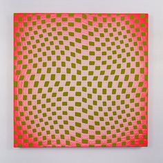 an abstract painting in pink and green with squares on the bottom right hand corner, against a white wall