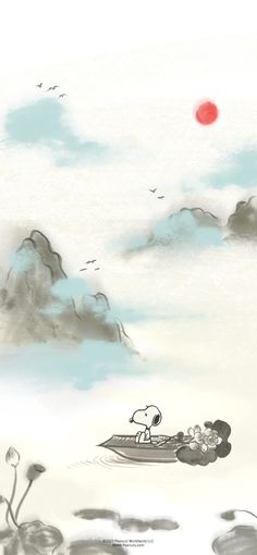 a drawing of a person on a boat in the water with clouds and birds flying around