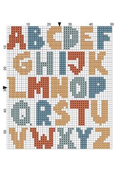 the cross stitch alphabet is shown in red, white and blue