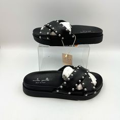 Item Was A Store Return, There Is A Mark On The Sole, See Photos For Details. Have A Question, Drop It In The Comments. This Item Is Nwt, Please Refer To Manufactures Website For Measurements Or Fit, To Ensure The Most Up To Date Information. Leather Slip-on Sandals With Studs, Leather Studded Slip-on Sandals, Casual Leather Sandals With Studs, Black Studded Sandals For Evening, Spring Open Toe Sandals With Silver Studs, Black Open Toe Sandals With Silver Studs, Summer Open Toe Sandals With Silver Studs, Chic Black Sandals With Studs, Black Studded Sandals For The Beach