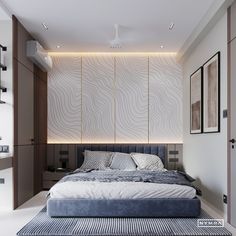 a large bed sitting in the middle of a bedroom next to a wall mounted tv