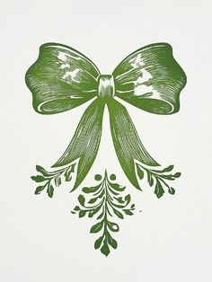 a drawing of a green bow with leaves on the front and back of it's tail