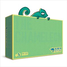 a green box with an image of a chamelon peeking out from behind it