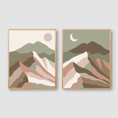 two paintings on the wall with mountains and moon in the sky, one has a brown frame