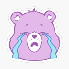 a sticker with a purple bear hugging it's face in the middle of its body