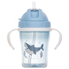 a blue sippy cup with a shark on it